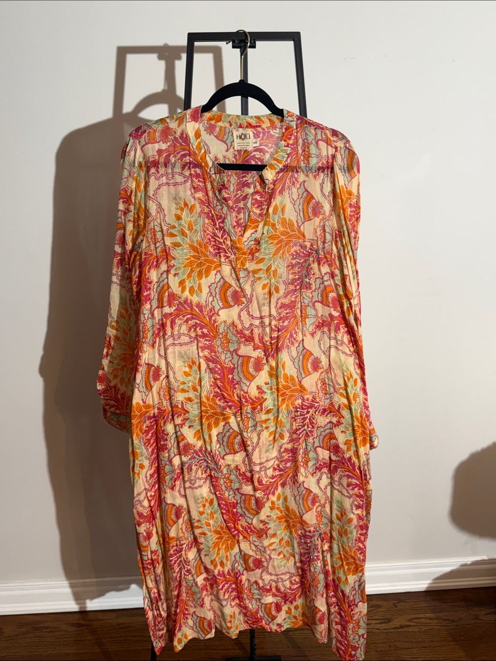 Hale Bob Pink Orange Floral V-Neck Cotton Dress